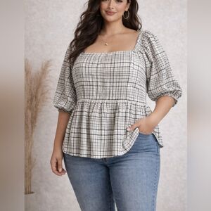 2X Free Assembly 100% Cotton Plaid Square Neck Puff Sleeve Fully Lined Top